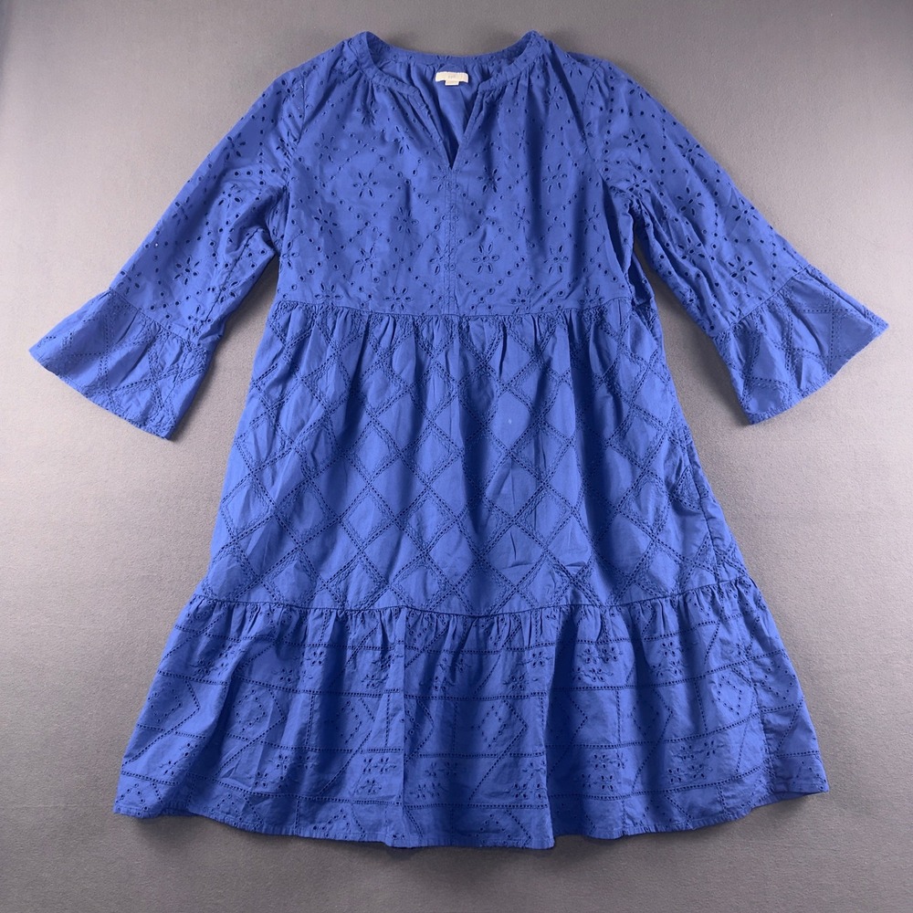 J. Jill Blue Cotton Eyelet Tiered Dress Split V-Neck Bell Sleeve WDR291561 M